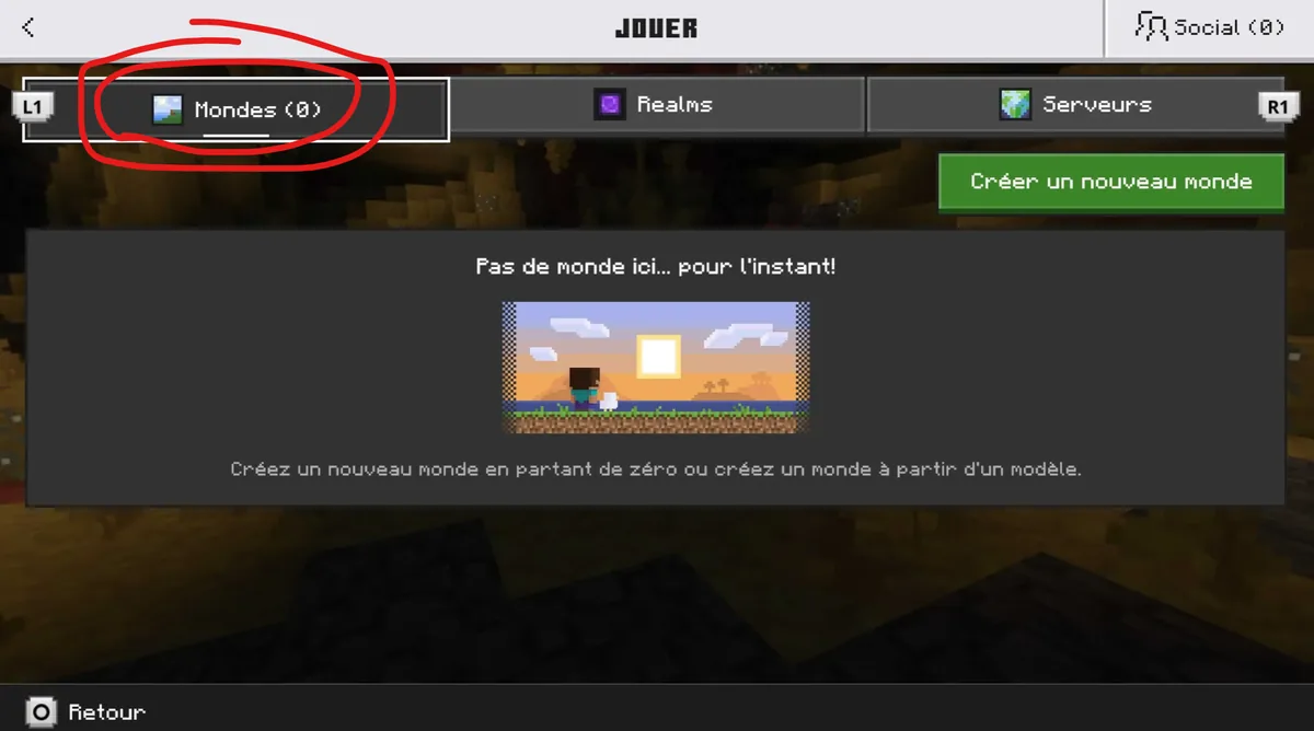 L'onglet Mondes du menu Jouer de Minecraft sur console